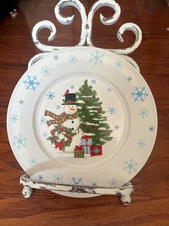 Other - Holiday Snowman & Christmas Tree Decorative Plate - White/Green/Red